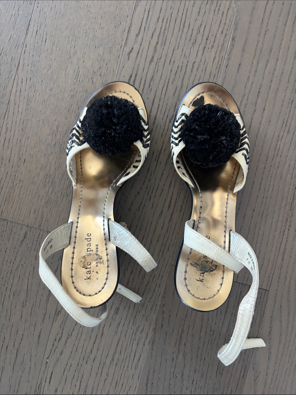 kate spade Cream and Black Pom Pom Sandals